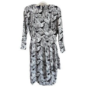 Vintage 1980s APRIL RAIN Dress White Black Palm Print Dolman Long Sleeve 13-14